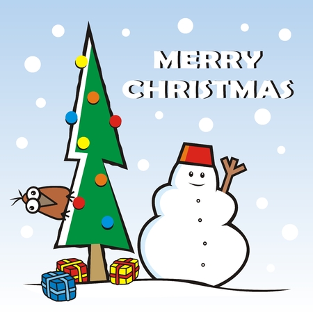 Merry Christmas, christmas card, snowman and tree with bird, funny vector illustrationのイラスト素材
