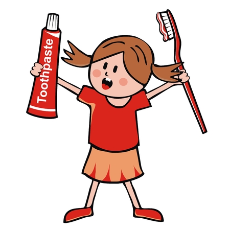 Little girl, toothpaste and toothbrush, vector illustration. Baby with toothpaste and red toothbrush. One person, isolated object. Cute illustration for Health Advertising.のイラスト素材