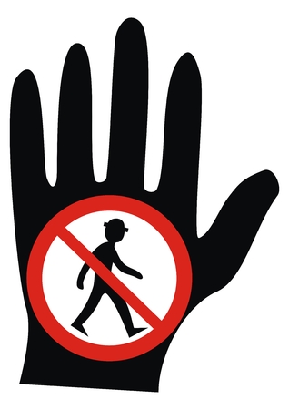 Prohibition of entry to pedestrians, traffic sign, vector icon. Black figure at red circle frame on black hand.のイラスト素材