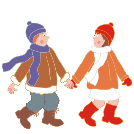 Couple, young man and woman on white background, funny vector illustration. Young boy and girl holding hands.のイラスト素材