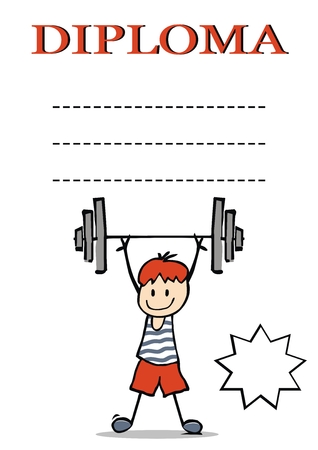 Diploma for weightlifter, vector illustration. Boy with dumbbells.のイラスト素材