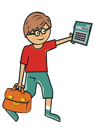 Boy with school bag and calculator, funny vector illustrationのイラスト素材