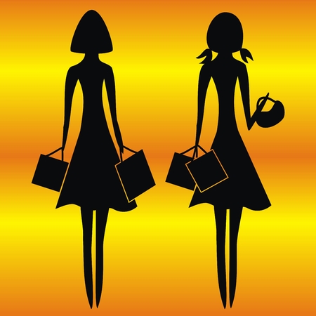 Women shopping, black silhouette of two young girls and bags. Group of adult people on orange background. Vector Illustration Keywords:のイラスト素材