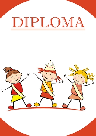 Diploma, little Miss Beauty Contest on podium, funny vector illustration. Three girls with sash. Colored picture on white background with red frame.のイラスト素材