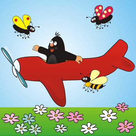 Mole in the plane, background with meadow and insect, funny vector illustrationのイラスト素材