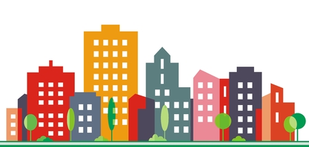 City and urban greenery, vector illustration. Silhouette of colorful houses. Colored plastic on facades. Street with trees. Modern living in the city.のイラスト素材