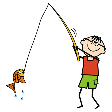 Fisher, funny person with fishing rod and fish, humorous vector illustrationのイラスト素材