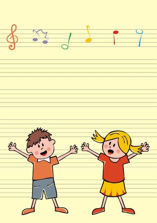 Singing children, boy and girl, vector illustrationのイラスト素材