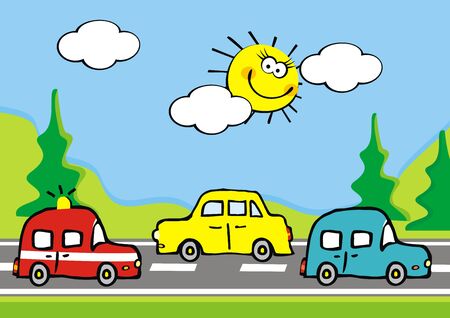 Landscape, group of cars on road and mountain and trees, vector illustration. At the background is blue sky and sun. Cute illustration for children.のイラスト素材