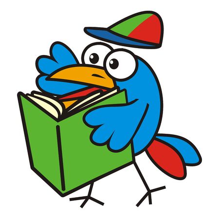 Happy blue bird with green book, funny vector illustrationのイラスト素材