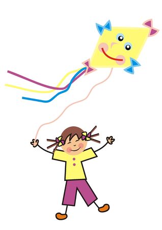 Little girl and paper kite, vector illustration on white backgroundのイラスト素材