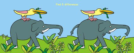 Elephant, bird and snake in nature, find 5differences, game, vector illustrationのイラスト素材