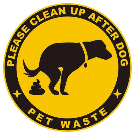 Clean up after your dog, black silhouette of dog with excrement at circle yellow frame, vector illustrationのイラスト素材