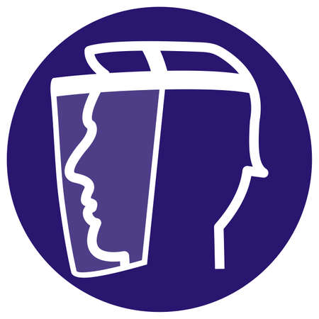 Person with protective face shield, white vector icon on blue circle frame, command signのイラスト素材
