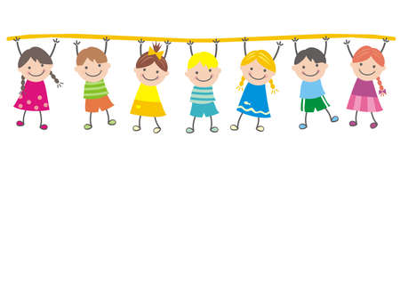 Hanging smiling kids, conceptual color vector illustrationのイラスト素材
