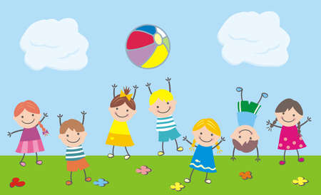 Jumping kids on meadow, funny illustration, vector illustrationのイラスト素材
