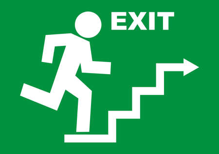 emergency exit, white vector icon on green background, man running away from dangerのイラスト素材