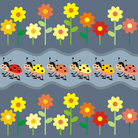 floral background with ladybirds, cute vector illustrationのイラスト素材