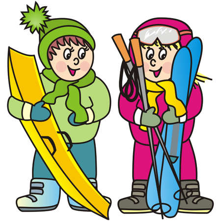 girl and boy, winter sports activity, vector illustrationのイラスト素材
