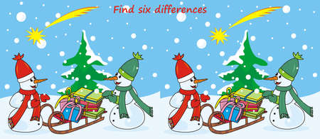 snowmen at christmas, find six differences, vector illustrationのイラスト素材
