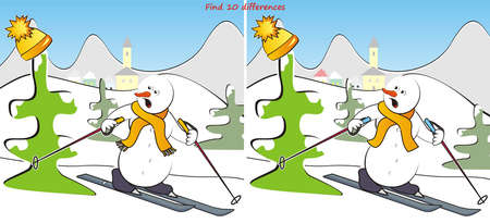snowman at mountain, leisure activity, find 10 differences, humorous vector illustrationのイラスト素材