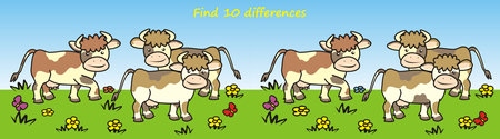 cows on meadow, find ten differences, vector illustration, game for childrenのイラスト素材