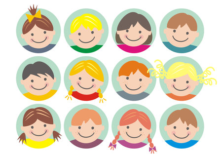 Faces of girls and boys, twelve happy kids, vector illustration. Isolated objects, heads of little children. Different expressions of children's faces on the blue background.のイラスト素材