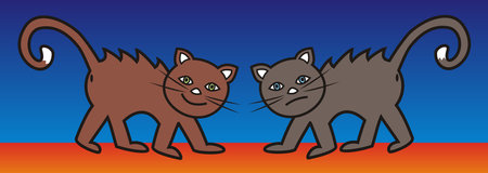 two cats, smiling and sad kitten on red rooftop, vector illustration on blue backgroundのイラスト素材