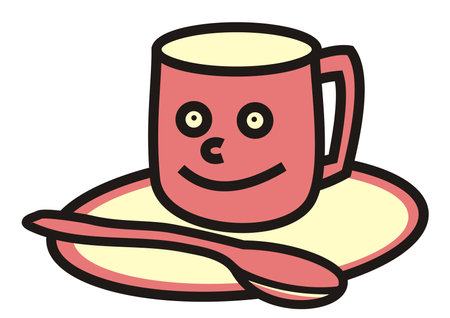 pink mug on a saucer and spoon, vector humorous illustrationのイラスト素材