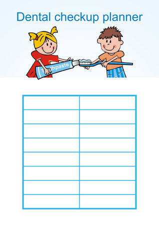 Dental checkup planner, girl and boy with toothbrush and toothpaste, vector illustration, conceptual illustrationのイラスト素材