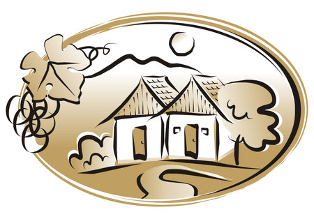 wine cellars, houses and landscape with vineyard, vignette, vectorのイラスト素材