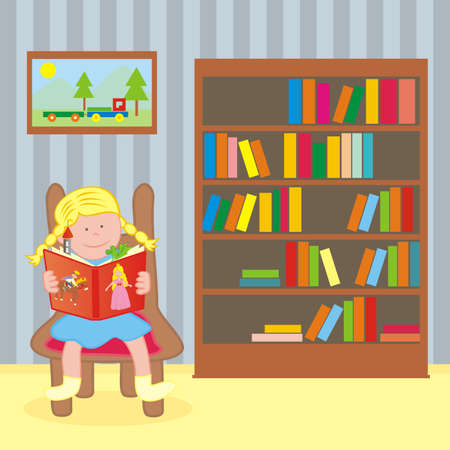 The girl reads fairy tales in the library. Vector illustration.のイラスト素材