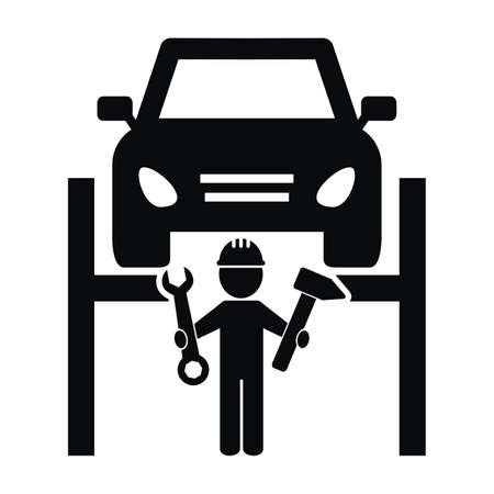 car repair shop, auto on a stand and repairman, black silhouette, vector iconのイラスト素材