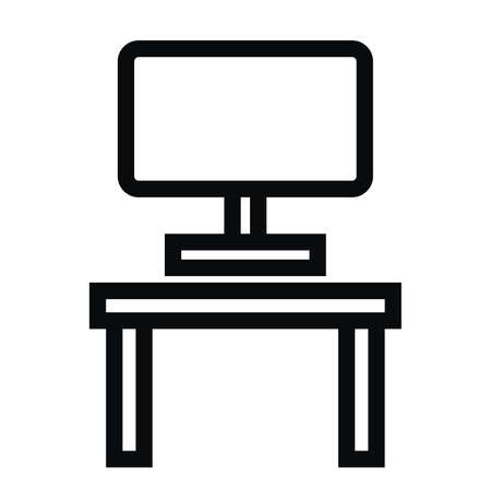 Computer on the desk, black and white vector icon, contour drawingのイラスト素材