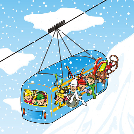 cableway in winter, crowd of people, vector illustrationのイラスト素材