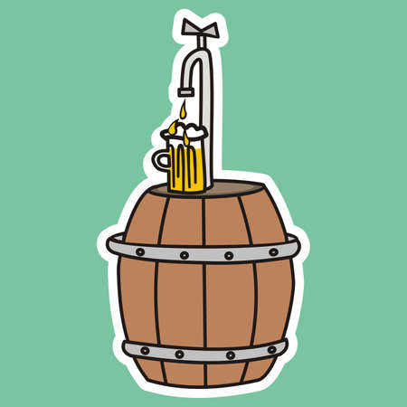 keg with beer, faucet, vector illustration on green background, white contourのイラスト素材