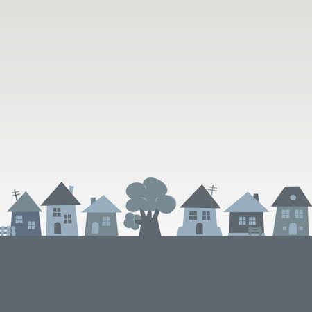 Village, group of houses and tree, gray vector illustration, conceptual picture, bannerのイラスト素材