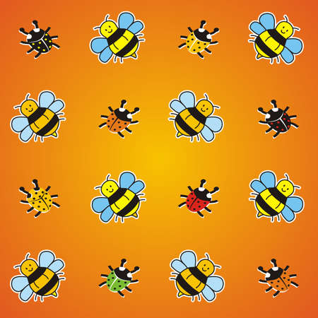 Wallpaper, ladybirds and bees on orange background, funny vector illustrationのイラスト素材