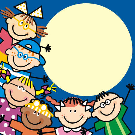 Six happy kids, girls and boys on blue background with yellow circle frame, conceptual vector illustrationのイラスト素材
