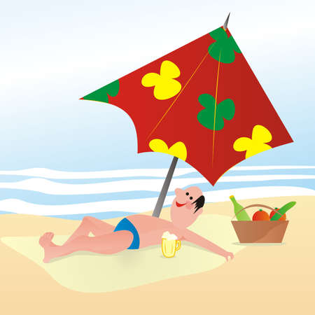 man on the beach under an umbrella, humorous vector illustrationのイラスト素材