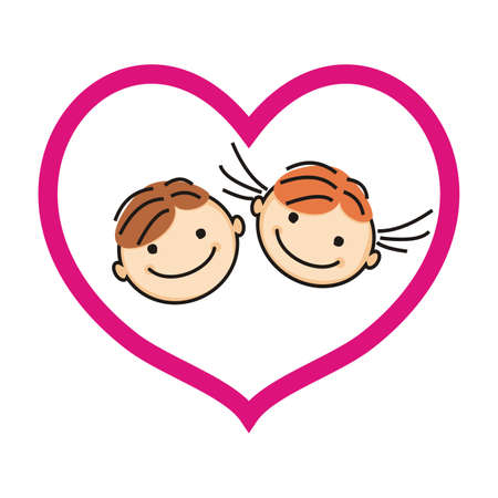 Portrait of boy and girl at purple frame, heart, vector illustration,のイラスト素材