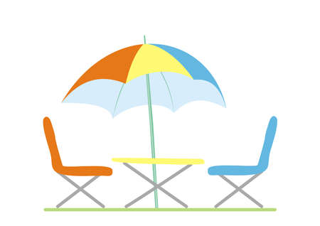Camping furniture, umbrella, table and two chairs. Vector illustration.のイラスト素材