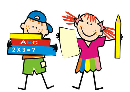 Kids and books and crayon and paper, girl and boy, funny illustration, vector iconのイラスト素材
