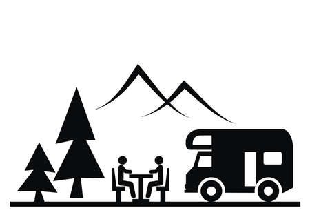 Camping, rest area, people at the table and caravan in nature, vector iconのイラスト素材