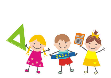 Group of school children, teaching aids, mathematic, funny vector illustrationのイラスト素材
