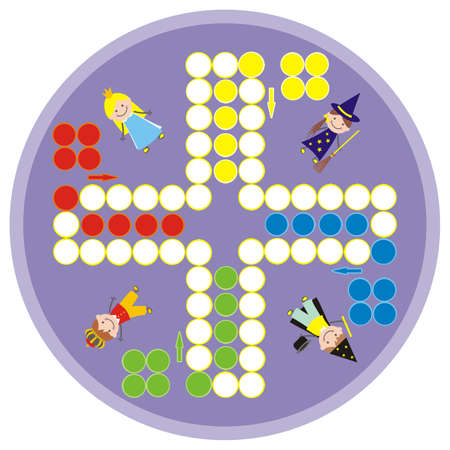 ludo, board game for four gamester, fairy tale characters, circle frame, vector illustrationのイラスト素材