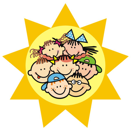 portrait of girls and boys, yellow circle background, sun shape, vector conceptual funny illustration, crowd of heads of happy kids.のイラスト素材
