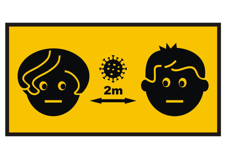 Keep safe distance, black silhouette of person on orange background, vector sign
