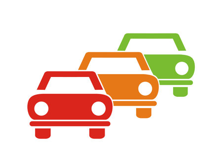 Three cars, column of cars, red, orange and green colors, conceptual vector iconのイラスト素材