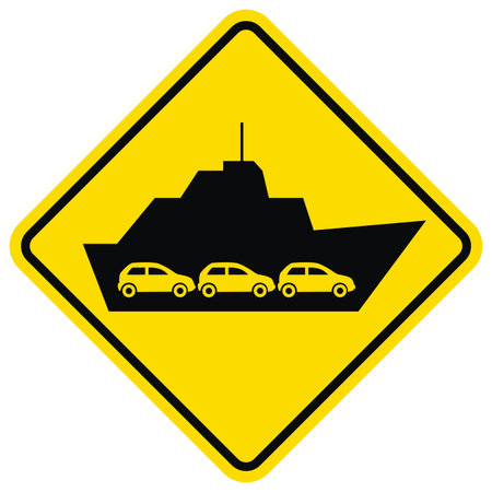 ferry carrying cars, vector black icon at yellow frame, traffic signのイラスト素材